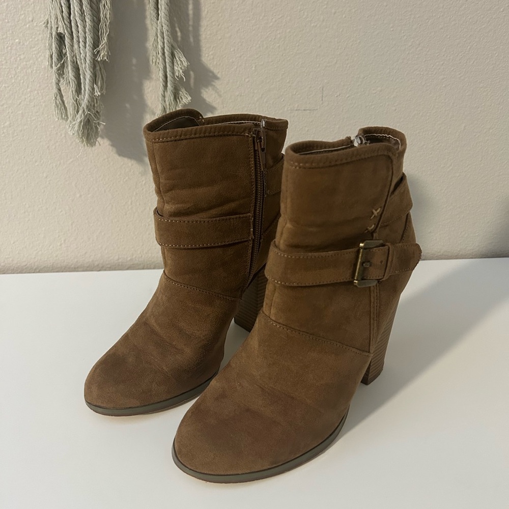 JustFab Tan Ankle Booties with Buckle